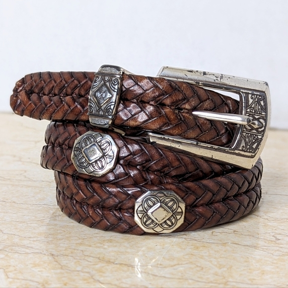 Brighton Accessories - Brighton Woven Brown Skinny Leather Silver Distressed Buckle Concho Western Belt
